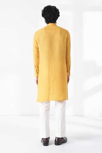 Shop_Dhruv Vaish_Yellow Silk Embroidery Thread Motif Kurta Set _at_Aza_Fashions