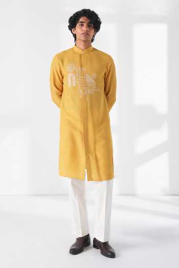 Buy_Dhruv Vaish_Yellow Silk Embroidery Thread Motif Kurta Set _at_Aza_Fashions
