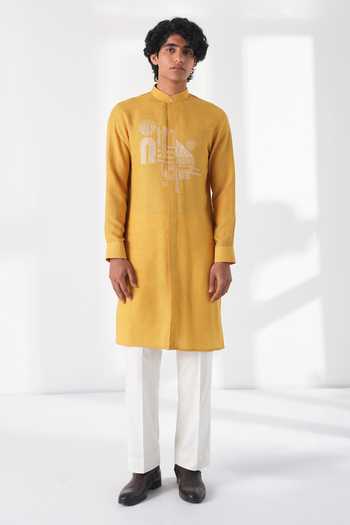 Buy_Dhruv Vaish_Yellow Silk Embroidery Thread Motif Kurta Set _Online_at_Aza_Fashions
