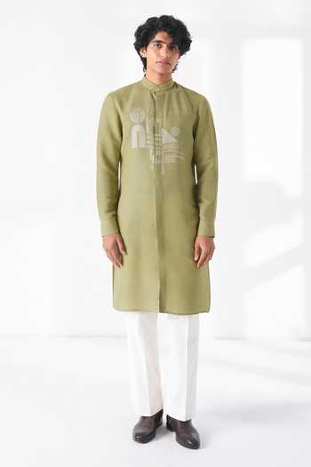 Buy_Dhruv Vaish_Green Silk Embroidery Thread Motif Kurta Set _Online_at_Aza_Fashions