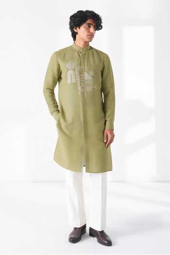Buy_Dhruv Vaish_Green Silk Embroidery Thread Motif Kurta Set _at_Aza_Fashions