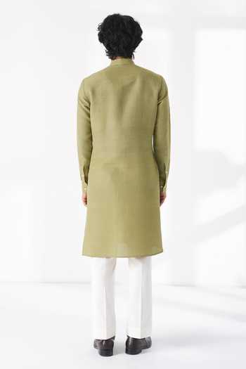 Shop_Dhruv Vaish_Green Silk Embroidery Thread Motif Kurta Set _at_Aza_Fashions