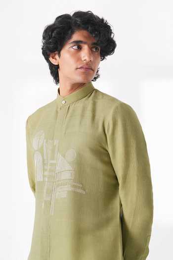 Shop_Dhruv Vaish_Green Silk Embroidery Thread Motif Kurta Set _Online_at_Aza_Fashions