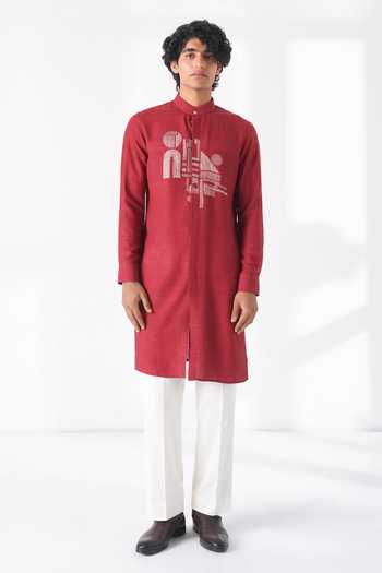 Buy_Dhruv Vaish_Red Silk Embroidery Thread Motif Kurta Set _at_Aza_Fashions