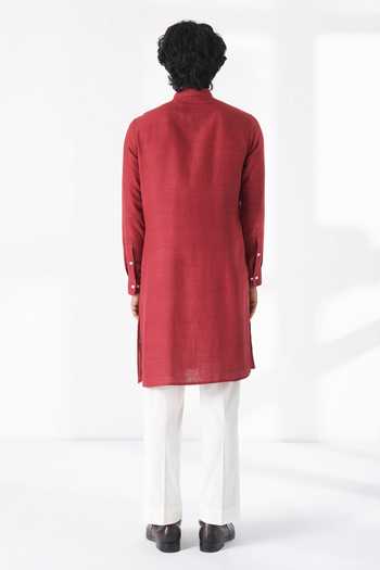 Shop_Dhruv Vaish_Red Silk Embroidery Thread Motif Kurta Set _at_Aza_Fashions