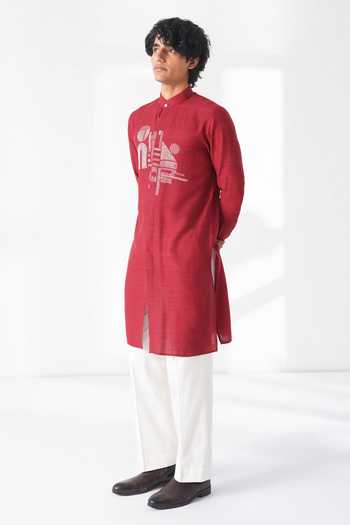 Buy_Dhruv Vaish_Red Silk Embroidery Thread Motif Kurta Set _Online_at_Aza_Fashions
