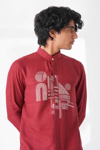 Shop_Dhruv Vaish_Red Silk Embroidery Thread Motif Kurta Set _Online_at_Aza_Fashions