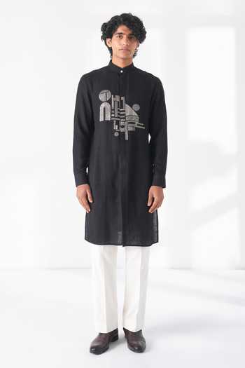 Buy_Dhruv Vaish_Black Silk Embroidery Thread Motif Kurta Set _at_Aza_Fashions