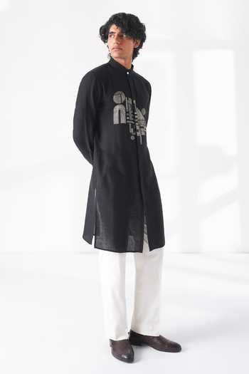 Dhruv Vaish_Black Silk Embroidery Thread Motif Kurta Set _Online_at_Aza_Fashions