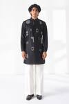 Dhruv Vaish_Black Silk, Cotton, Chanderi Embroidery Motif Placement Short Kurta _Online_at_Aza_Fashions