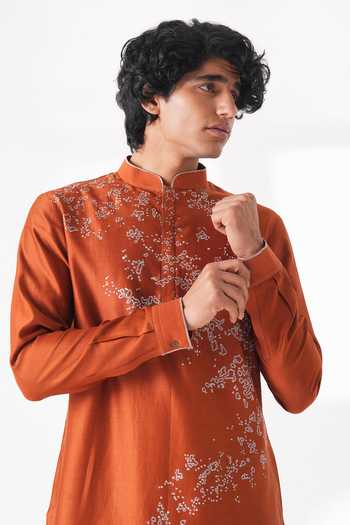 Dhruv Vaish_Orange Silk, Cotton, Chanderi Embroidery Scattered Kurta Set _Online_at_Aza_Fashions