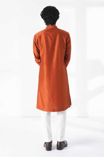 Shop_Dhruv Vaish_Orange Silk, Cotton, Chanderi Embroidery Scattered Kurta Set _at_Aza_Fashions
