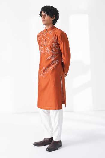 Shop_Dhruv Vaish_Orange Silk, Cotton, Chanderi Embroidery Scattered Kurta Set _Online_at_Aza_Fashions
