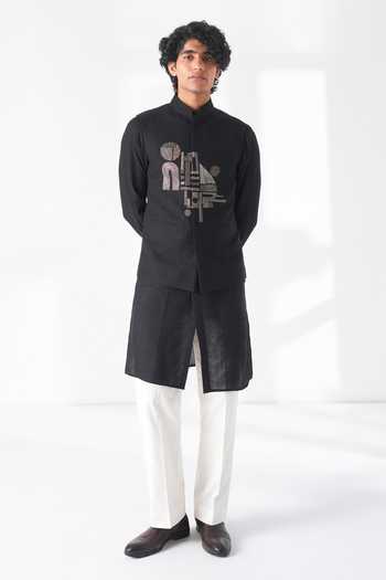 Shop_Dhruv Vaish_Black Silk Zari Center Motif Nehru Jacket _at_Aza_Fashions