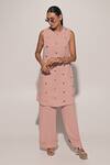 Buy_Kriti Bapna_Pink Linen Studs Round Neck Kiyomi Embellished Top And Pant Set _at_Aza_Fashions