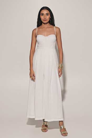 Buy_Kriti Bapna_White Linen Sweetheart Neck Pleated Flare Maxi Dress _at_Aza_Fashions