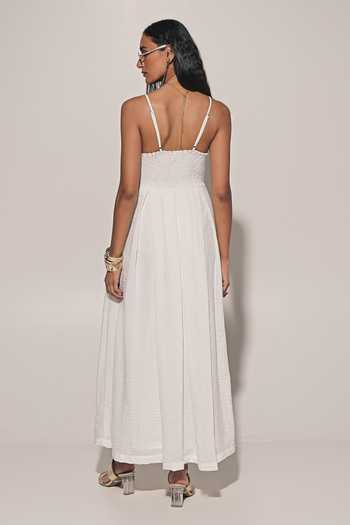 Shop_Kriti Bapna_White Linen Sweetheart Neck Pleated Flare Maxi Dress _at_Aza_Fashions