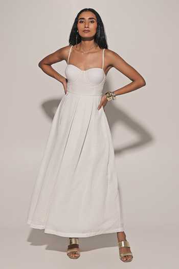 Buy_Kriti Bapna_White Linen Sweetheart Neck Pleated Flare Maxi Dress _Online_at_Aza_Fashions