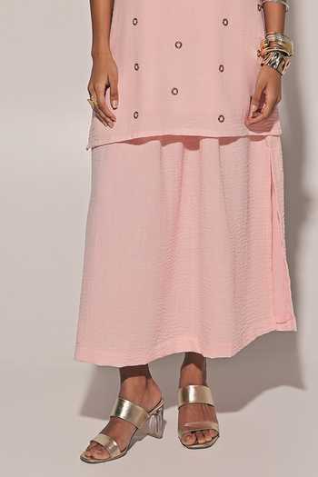 Kriti Bapna_Peach Linen Round Neck Embellished Long Top And Skirt Set _Online_at_Aza_Fashions