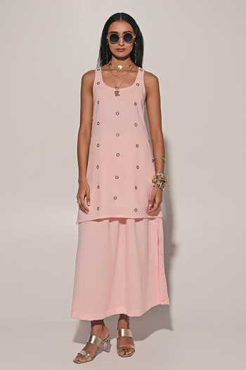 Buy_Kriti Bapna_Peach Linen Round Neck Embellished Long Top And Skirt Set _Online_at_Aza_Fashions
