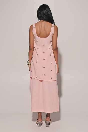 Shop_Kriti Bapna_Peach Linen Round Neck Embellished Long Top And Skirt Set _at_Aza_Fashions