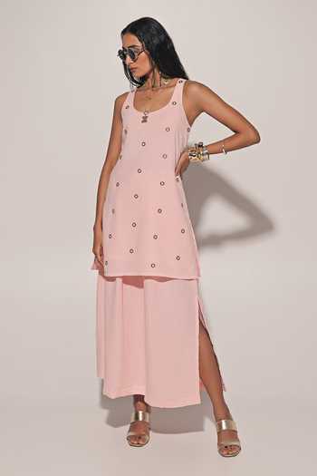 Shop_Kriti Bapna_Peach Linen Round Neck Embellished Long Top And Skirt Set _Online_at_Aza_Fashions