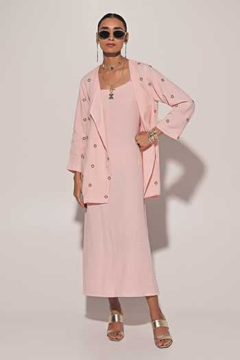 Kriti Bapna_Peach Linen Square Neck Blended Dress And Overlay Set _Online_at_Aza_Fashions