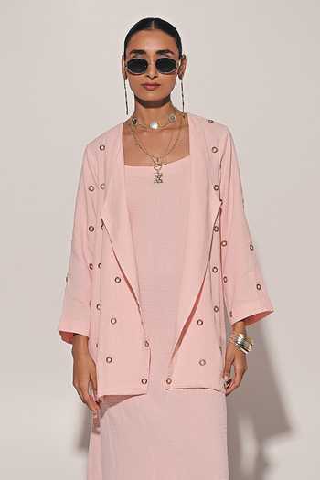 Buy_Kriti Bapna_Peach Linen Square Neck Blended Dress And Overlay Set _Online_at_Aza_Fashions