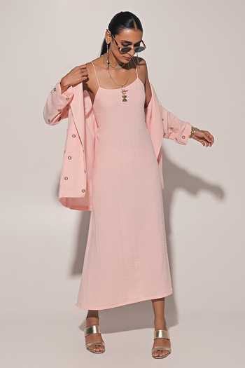 Shop_Kriti Bapna_Peach Linen Square Neck Blended Dress And Overlay Set _Online_at_Aza_Fashions