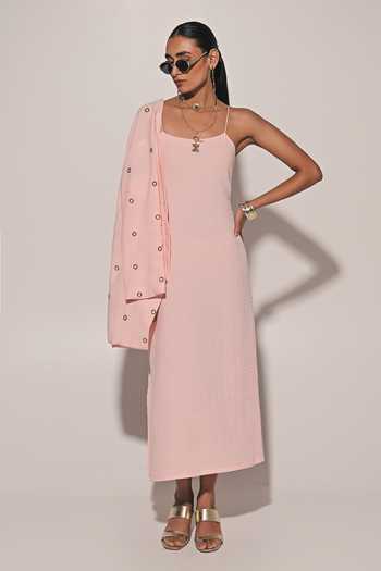 Kriti Bapna_Peach Linen Square Neck Blended Dress And Overlay Set _at_Aza_Fashions