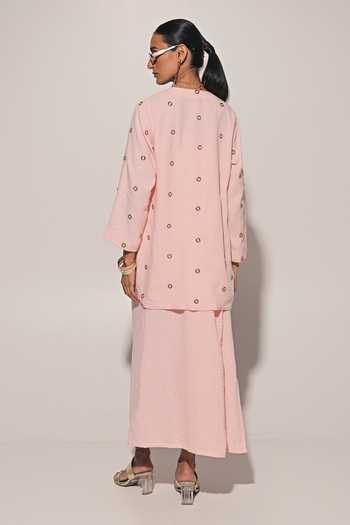 Shop_Kriti Bapna_Peach Linen Square Neck Blended Dress And Overlay Set _at_Aza_Fashions