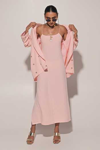 Buy_Kriti Bapna_Peach Linen Square Neck Blended Dress And Overlay Set 