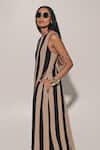 Kriti Bapna_Beige Linen Round Neck Striped Midi Dress And Jacket Set _Online_at_Aza_Fashions
