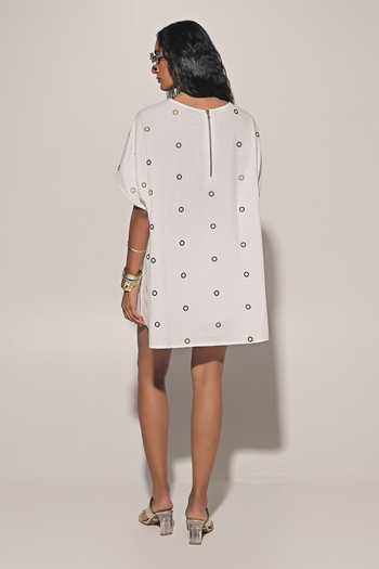 Shop_Kriti Bapna_White Linen Studs Round Neck Embellished Blouse And Shorts Set _at_Aza_Fashions