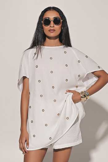 Shop_Kriti Bapna_White Linen Studs Round Neck Embellished Blouse And Shorts Set _Online_at_Aza_Fashions