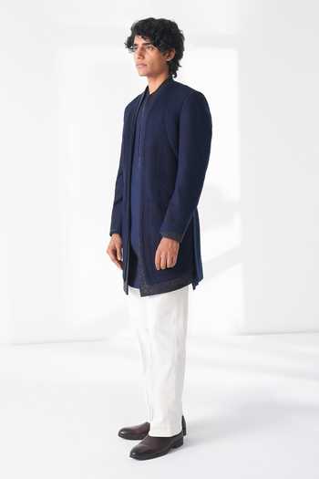 Dhruv Vaish_Navy Silk Front Open Pintuck Sherwani Set _Online_at_Aza_Fashions