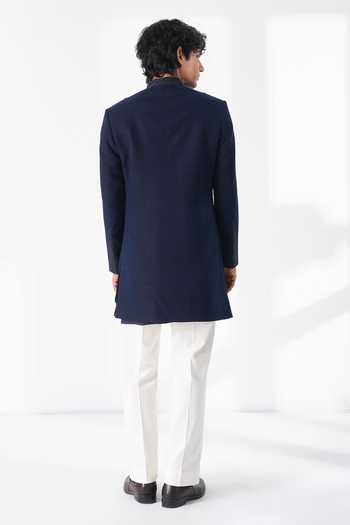 Shop_Dhruv Vaish_Navy Silk Front Open Pintuck Sherwani Set _at_Aza_Fashions