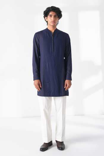 Buy_Dhruv Vaish_Navy Silk Front Open Pintuck Sherwani Set _Online_at_Aza_Fashions