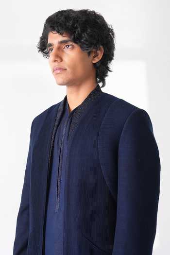 Shop_Dhruv Vaish_Navy Silk Front Open Pintuck Sherwani Set _Online_at_Aza_Fashions