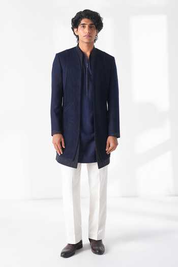 Buy_Dhruv Vaish_Navy Silk Front Open Pintuck Sherwani Set _at_Aza_Fashions