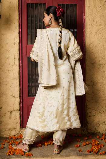 Shop_Monk & Mei By Sonia Anand_Gold Silk, Tissue, Shantoon Embroidery V-neck Manya Benarasi Blend Kurta Set _at_Aza_Fashions