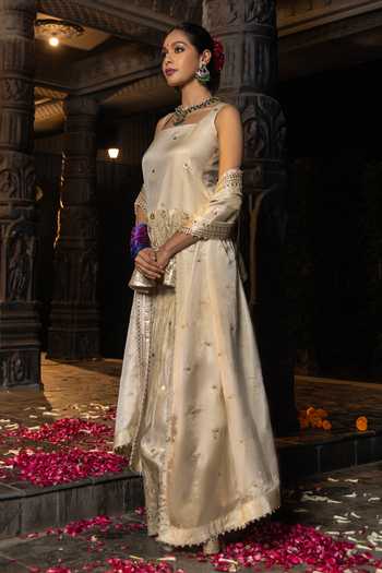 Monk & Mei By Sonia Anand_Gold Silk, Tissue Embroidery, Zari Square Neck Kashvi Kurta Sharara Set _Online_at_Aza_Fashions
