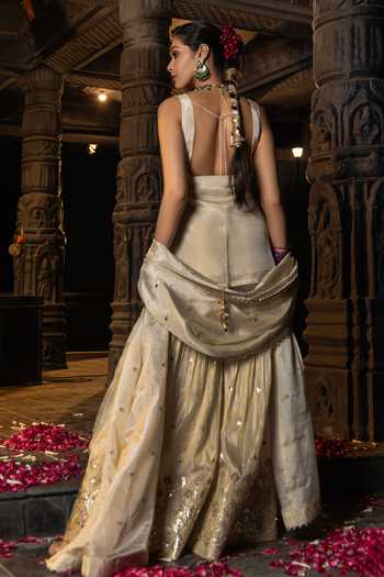 Shop_Monk & Mei By Sonia Anand_Gold Silk, Tissue Embroidery, Zari Square Neck Kashvi Kurta Sharara Set _at_Aza_Fashions