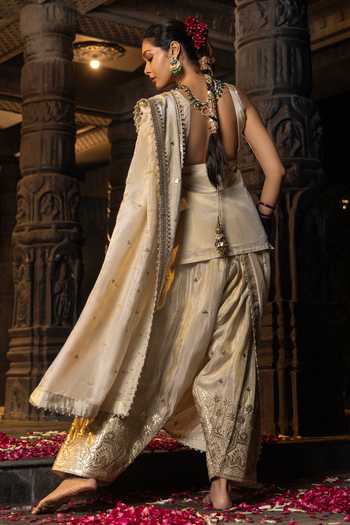 Shop_Monk & Mei By Sonia Anand_Gold Silk, Tissue Embroidery, Zari Square Neck Kashvi Kurta Sharara Set _Online_at_Aza_Fashions