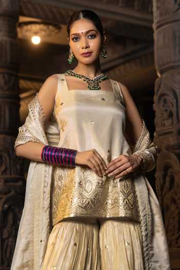 Monk & Mei By Sonia Anand_Gold Silk, Tissue Embroidery, Zari Square Neck Kashvi Kurta Sharara Set _at_Aza_Fashions