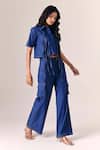 Savaaya_Blue Denim Fringe Collared Sway Top Pant Set _Online_at_Aza_Fashions