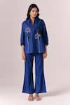 Buy_Savaaya_Blue Denim Embroidery Split V-neck Indigo Petal Shirt _Online_at_Aza_Fashions