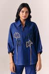 Buy_Savaaya_Blue Denim Embroidery Split V-neck Indigo Petal Shirt _at_Aza_Fashions