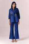 Buy_Savaaya_Blue Denim Embroidery Collared Indigo Petal Shirt Pant Set _at_Aza_Fashions