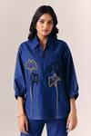 Shop_Savaaya_Blue Denim Embroidery Collared Indigo Petal Shirt Pant Set _Online_at_Aza_Fashions